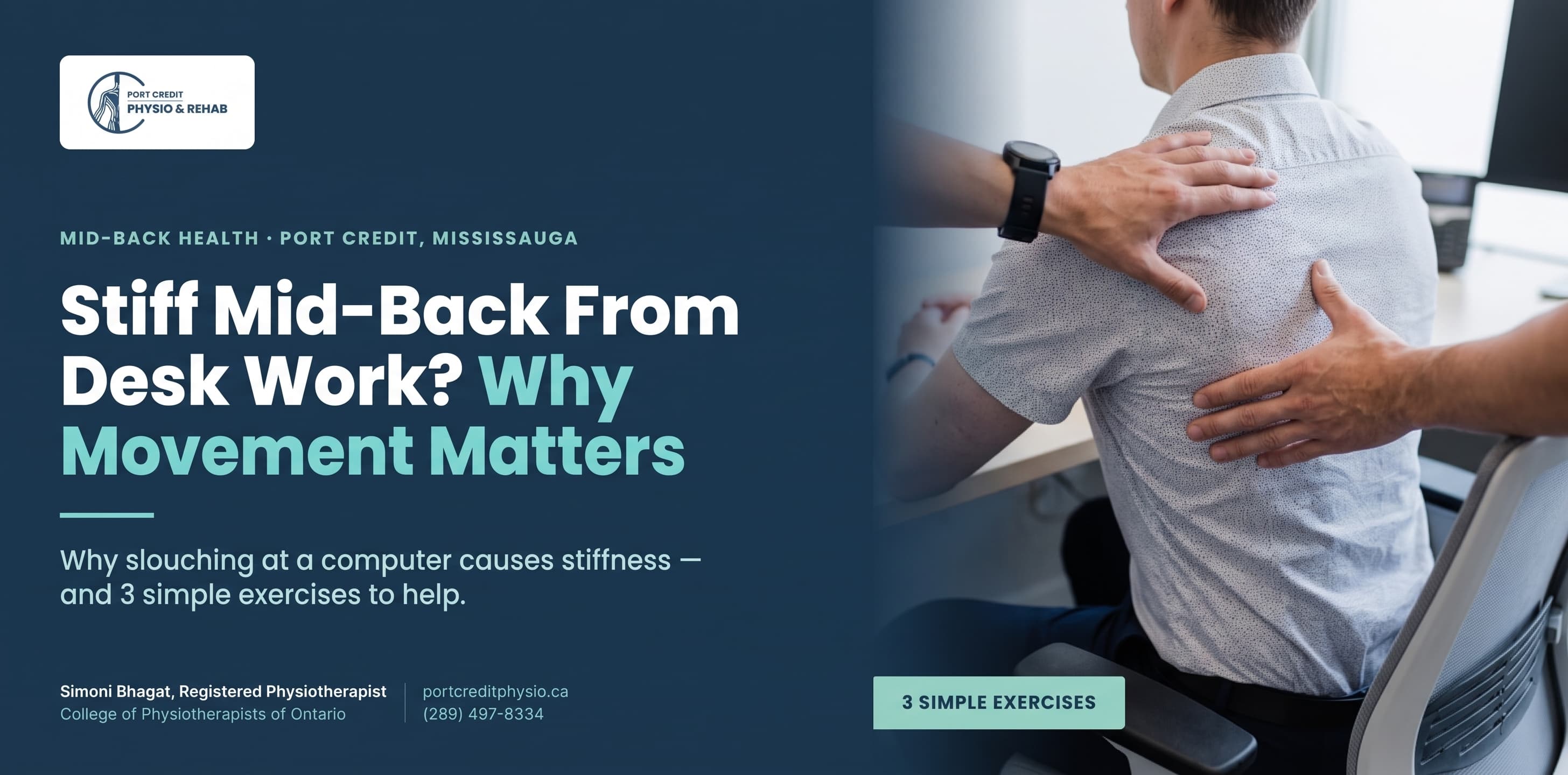 Physiotherapist assessing a patient's mid-back and shoulder at a desk setup at Port Credit Physio & Rehab in Mississauga