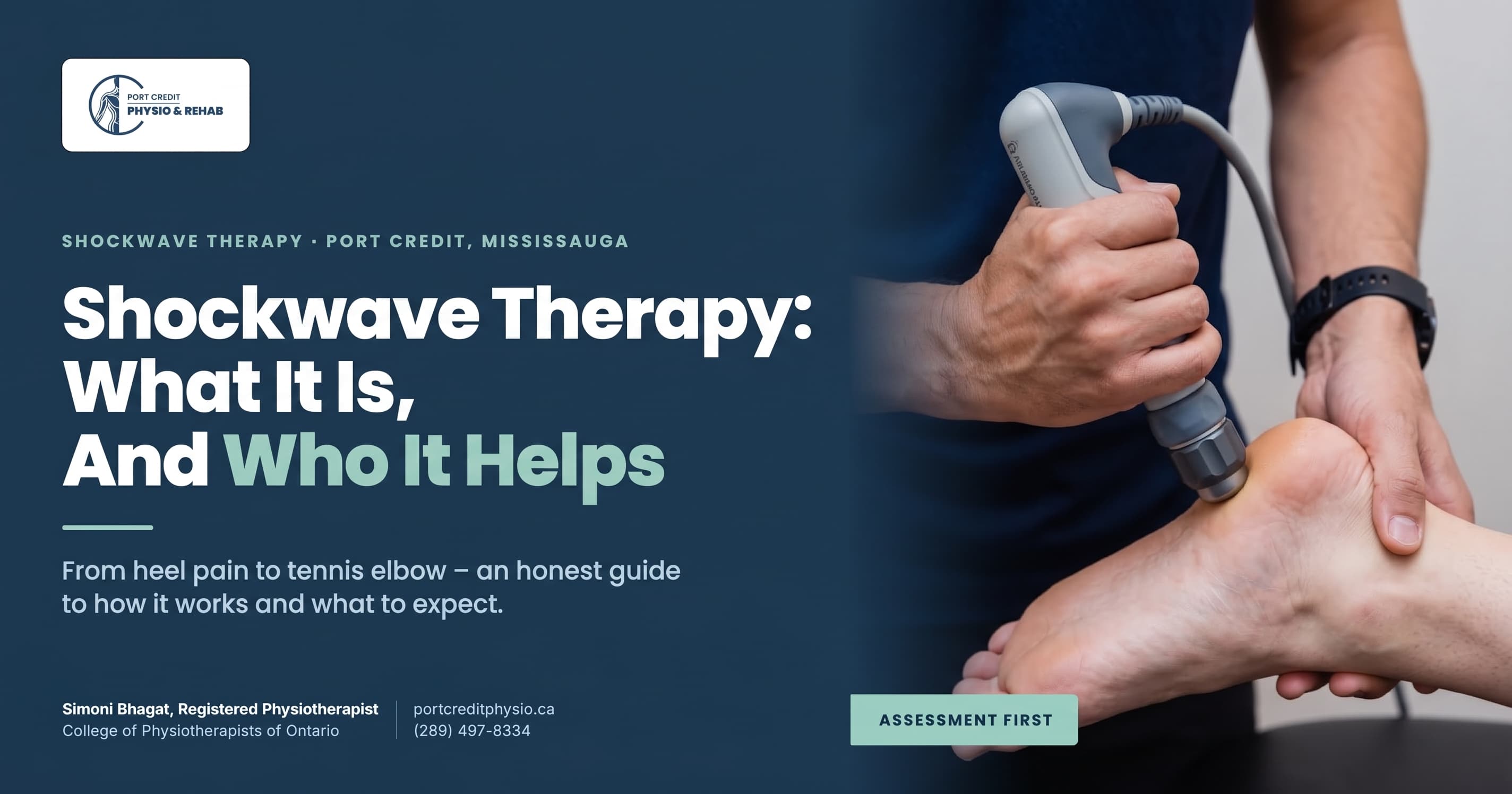 Physiotherapist administering shockwave therapy to a patient's heel at Port Credit Physio & Rehab in Mississauga