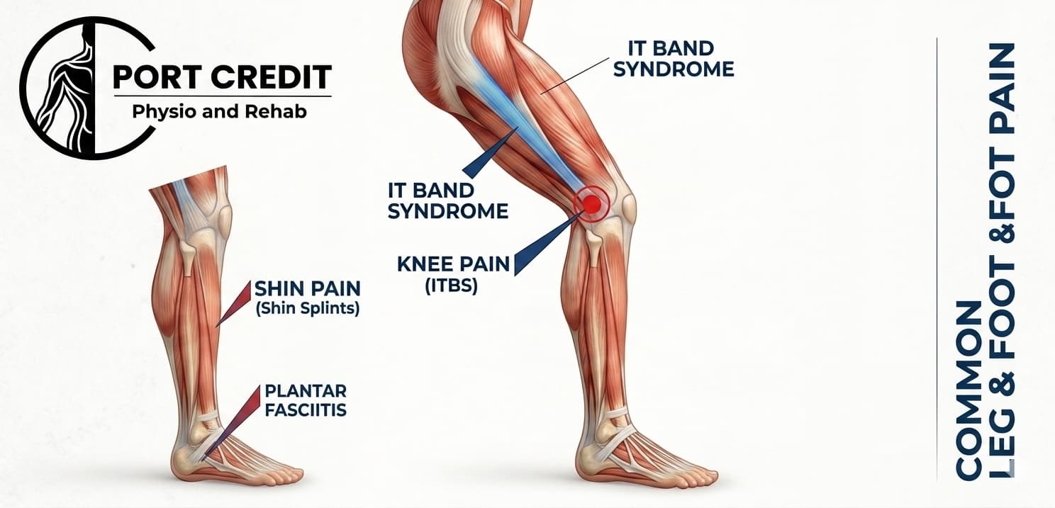 Diagram of common running injuries including IT band syndrome, knee pain, shin splints, and plantar fasciitis in the leg and foot